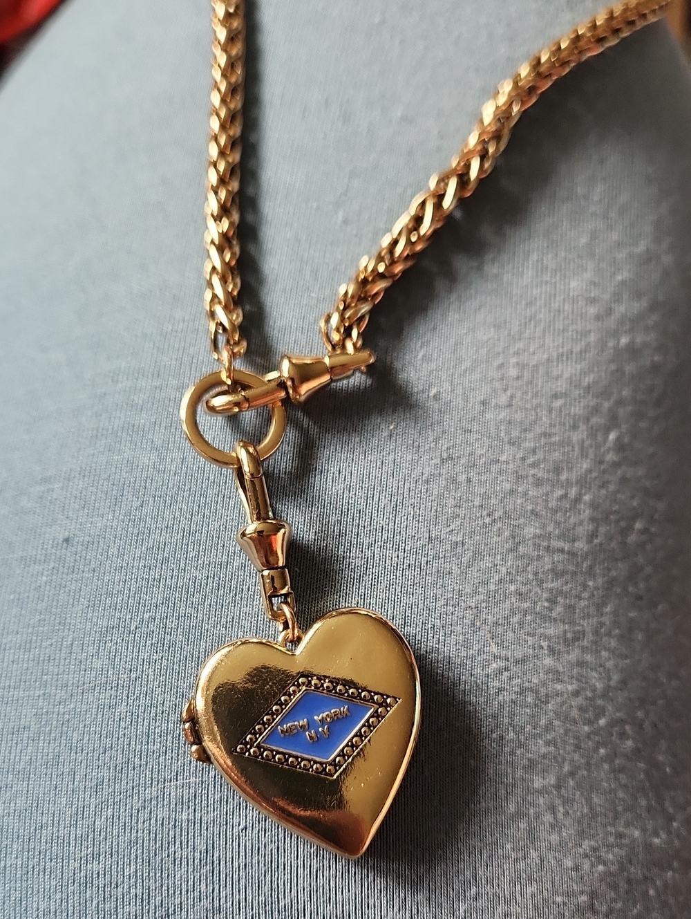 Gold Heart Locket Necklace with Blue Enamel Accent
